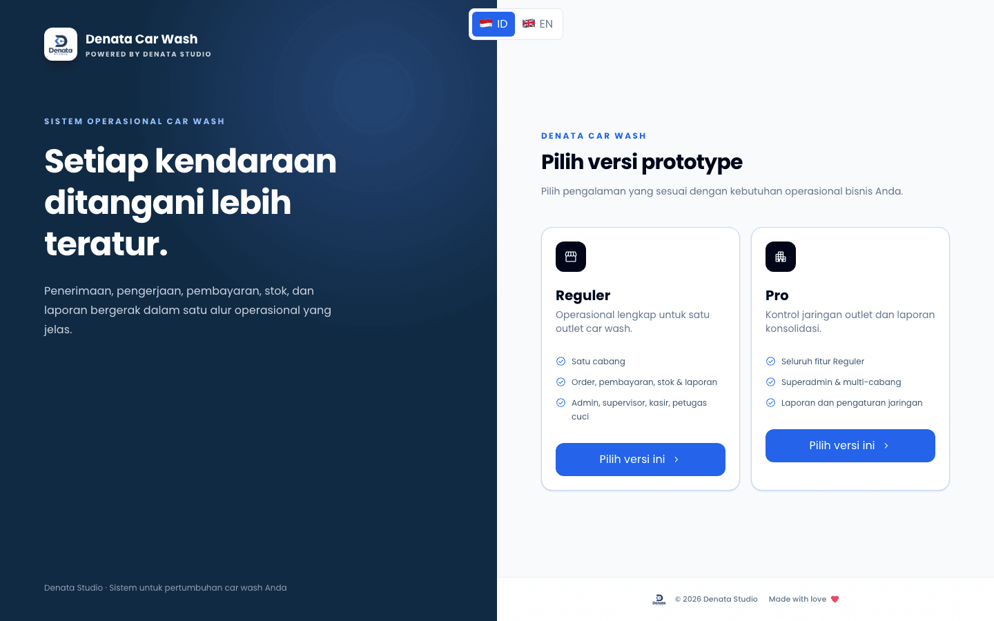 Tampilan awal prototipe Denata POS Car Wash dengan pilihan Reguler dan Pro